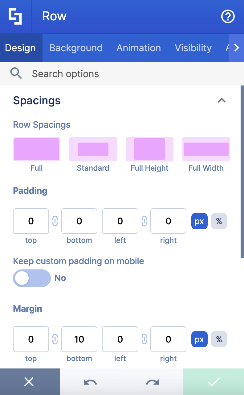 Design tab panel showing Spacings, Padding, and Margin settings for a row