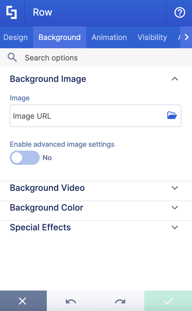 Background tab interface for adding image, video, color, or special effects
