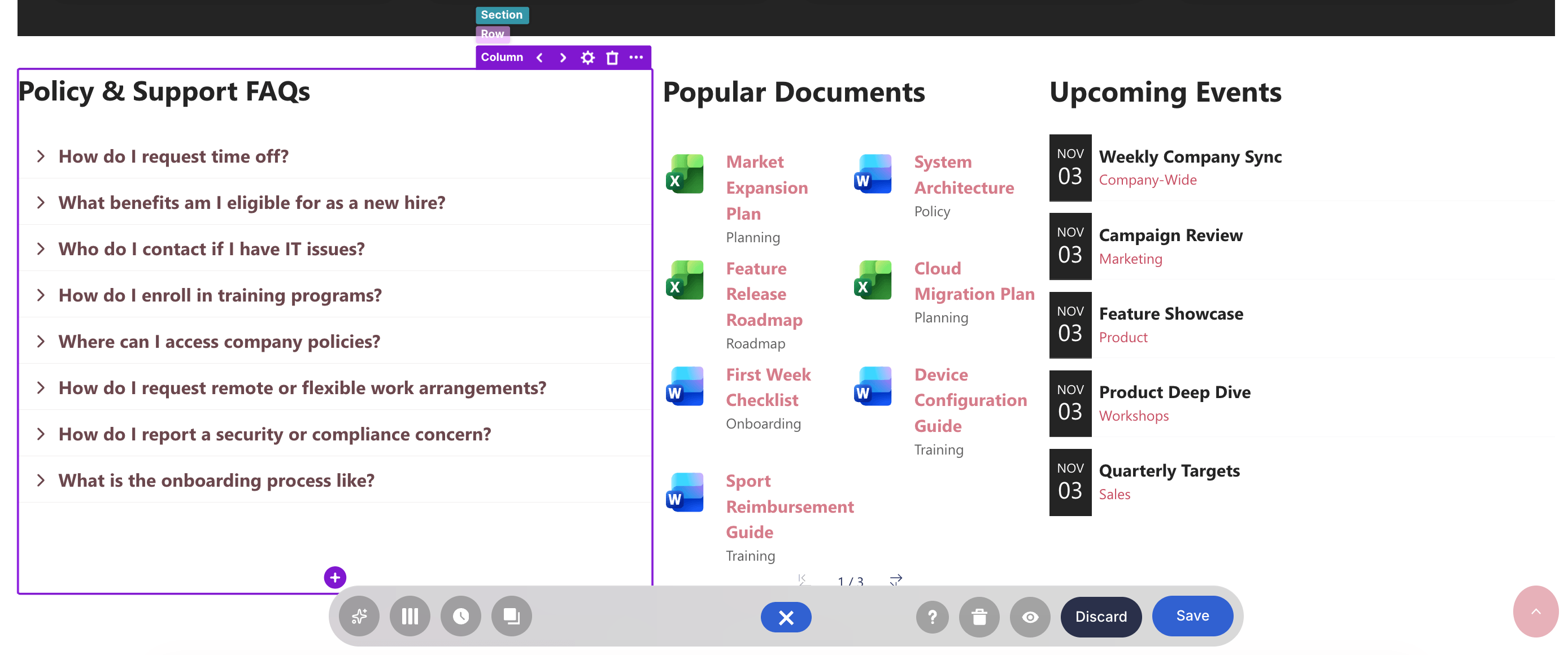 Column Design Element layout overview showing purple container and page content in SharePoint