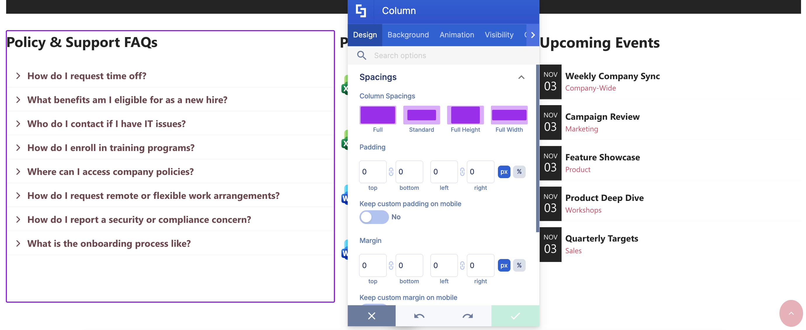 Adjusting padding and margin spacing settings inside the Column Design Element panel