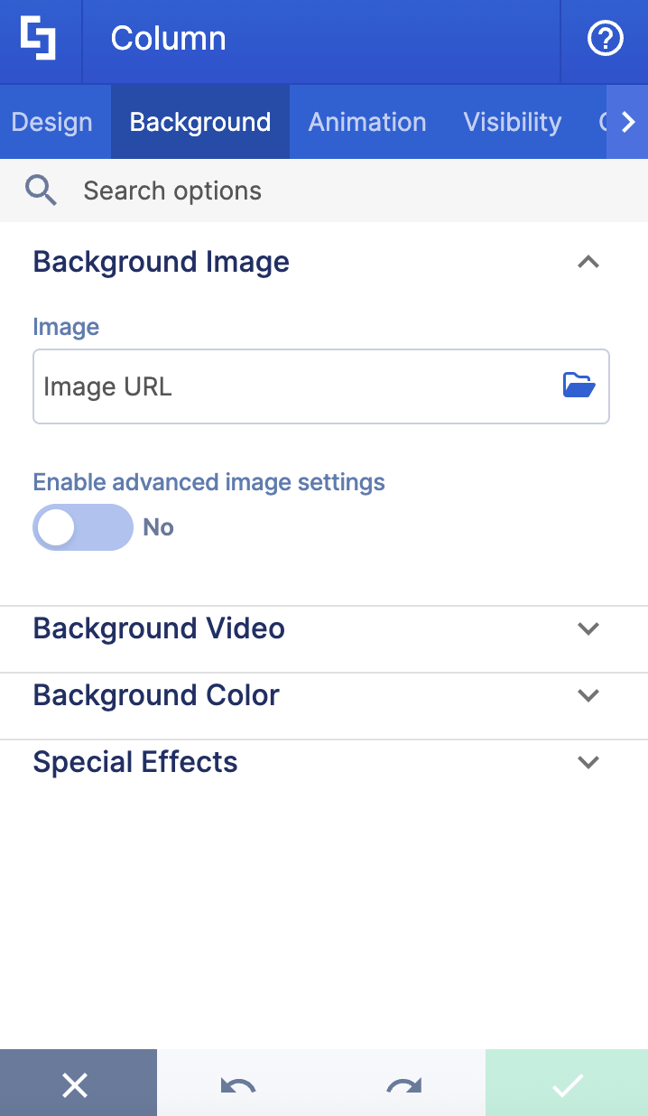Background tab panel overview showing image, video, color, and special effects