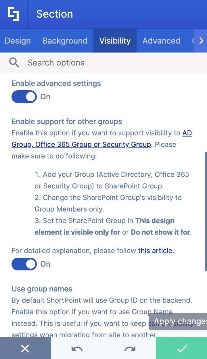 ShortPoint visibility advanced settings options