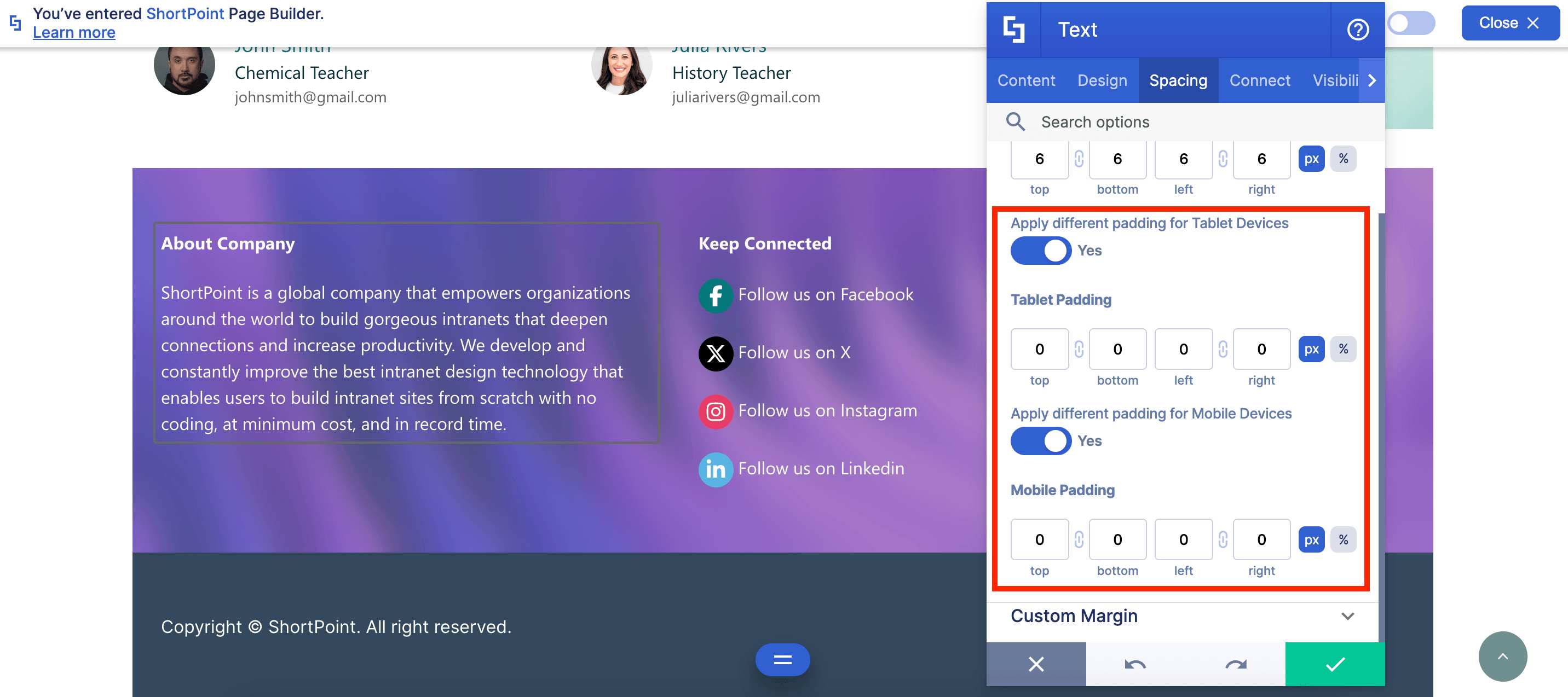 Applying separate custom padding values for tablet and mobile devices in the spacing tab