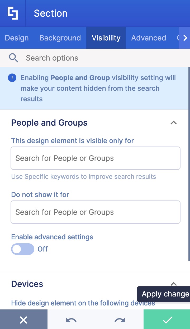 ShortPoint Visibility tab people and groups options