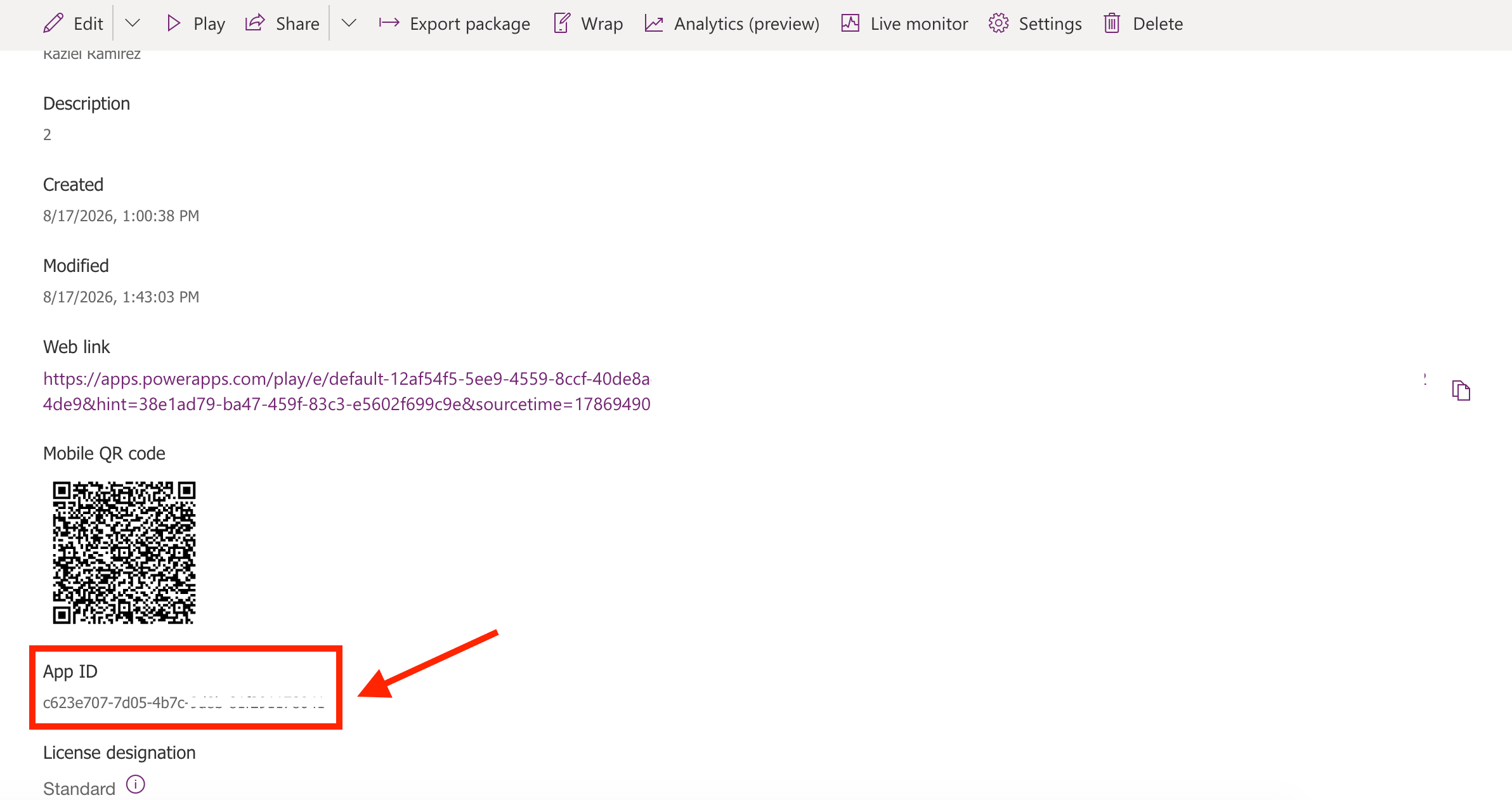App ID field highlighting the GUID in the Power Apps app details pane