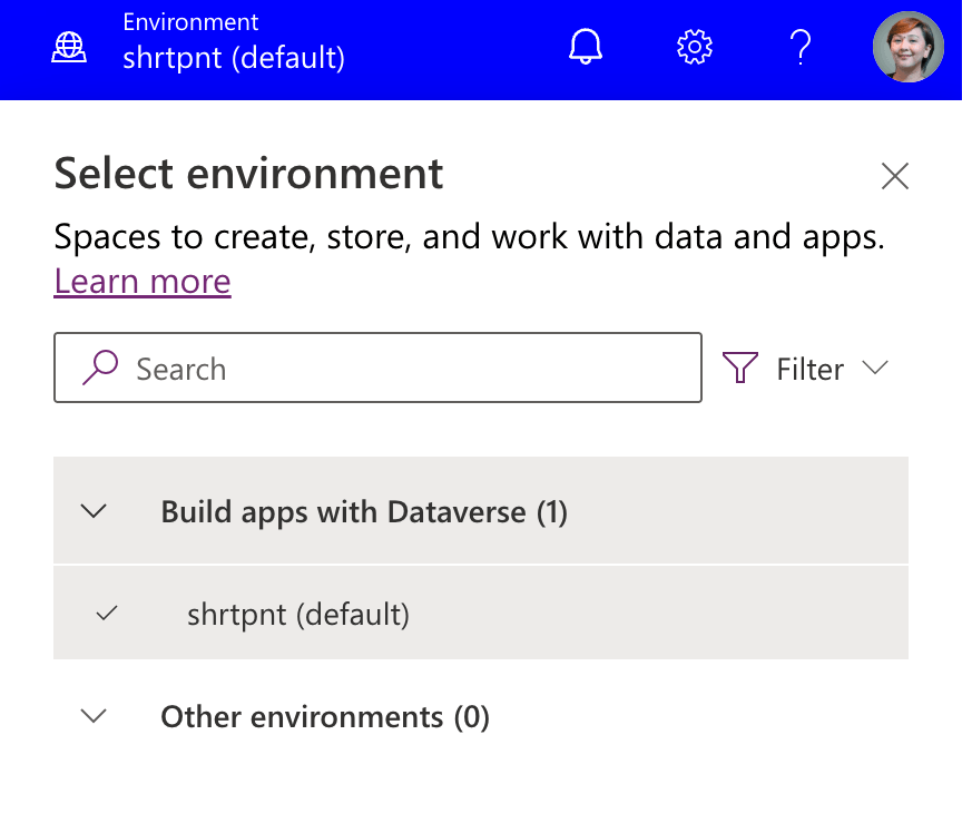 Selecting the active environment from the Power Apps environment menu to locate an app ID