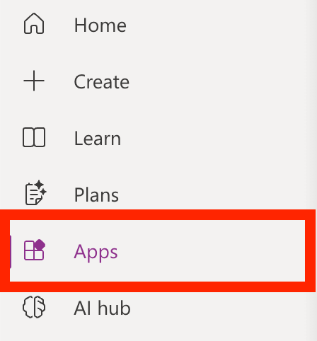 Selecting the Apps menu option in the Power Apps left navigation menu
