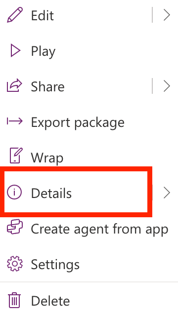 Selecting the Details option from the app context menu in Power Apps