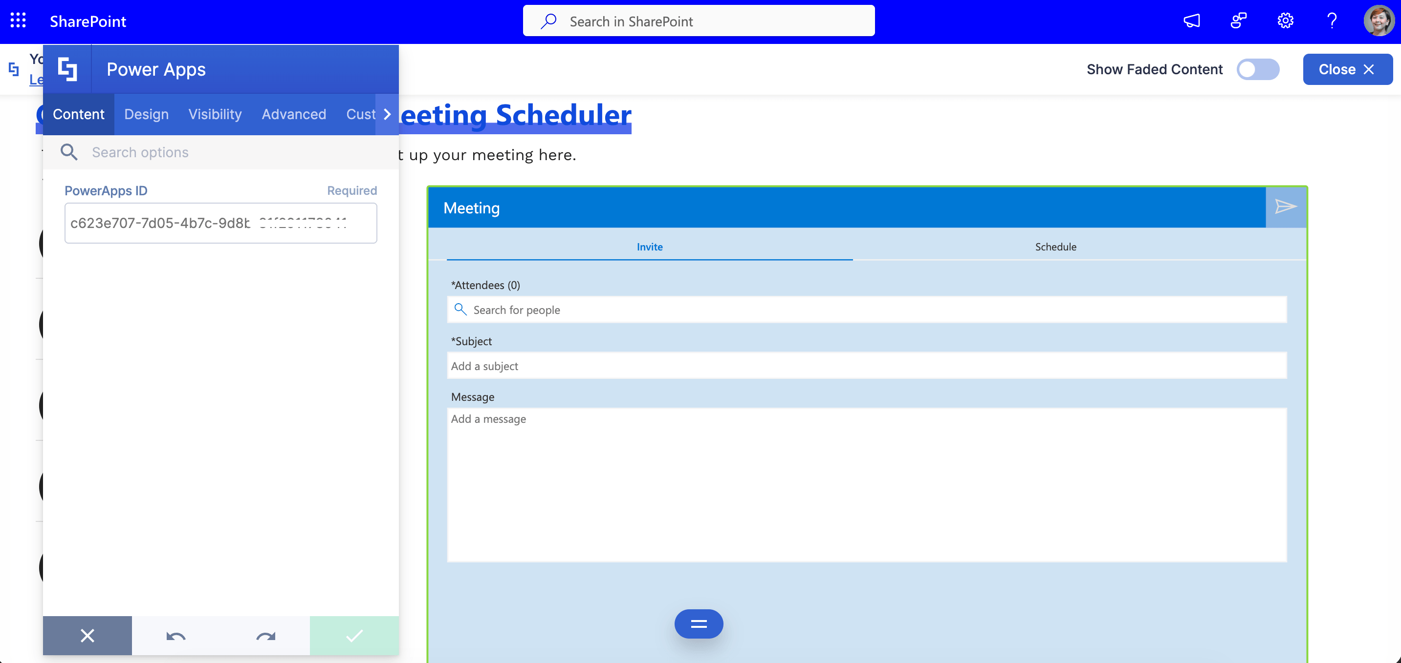 Pasting the App ID into the ShortPoint Power Apps Design Element to embed an app in SharePoint