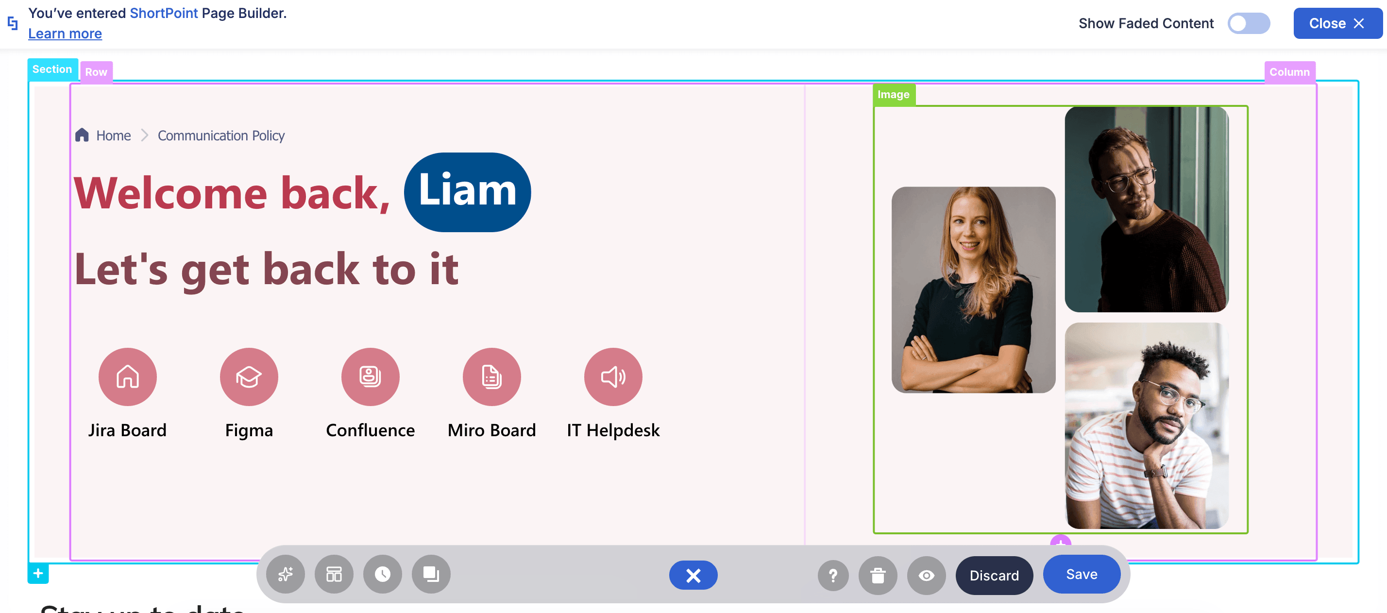 Live Mode visual editing canvas showing real-time SharePoint page layout