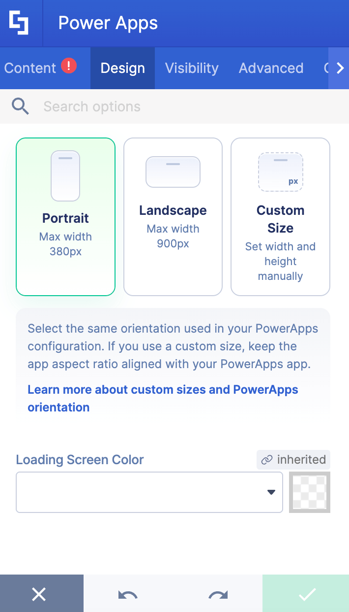 Power Apps Design settings panel for configuring app orientation and size