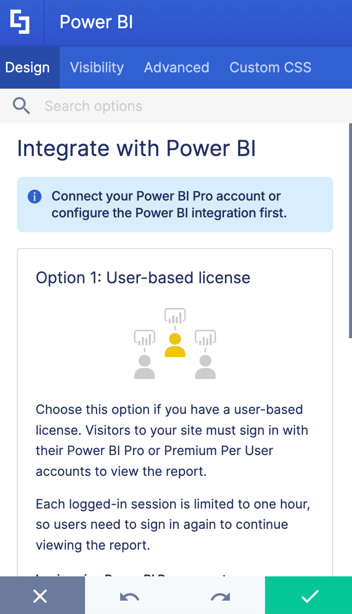 Power BI integration panel for connecting user-based report licenses