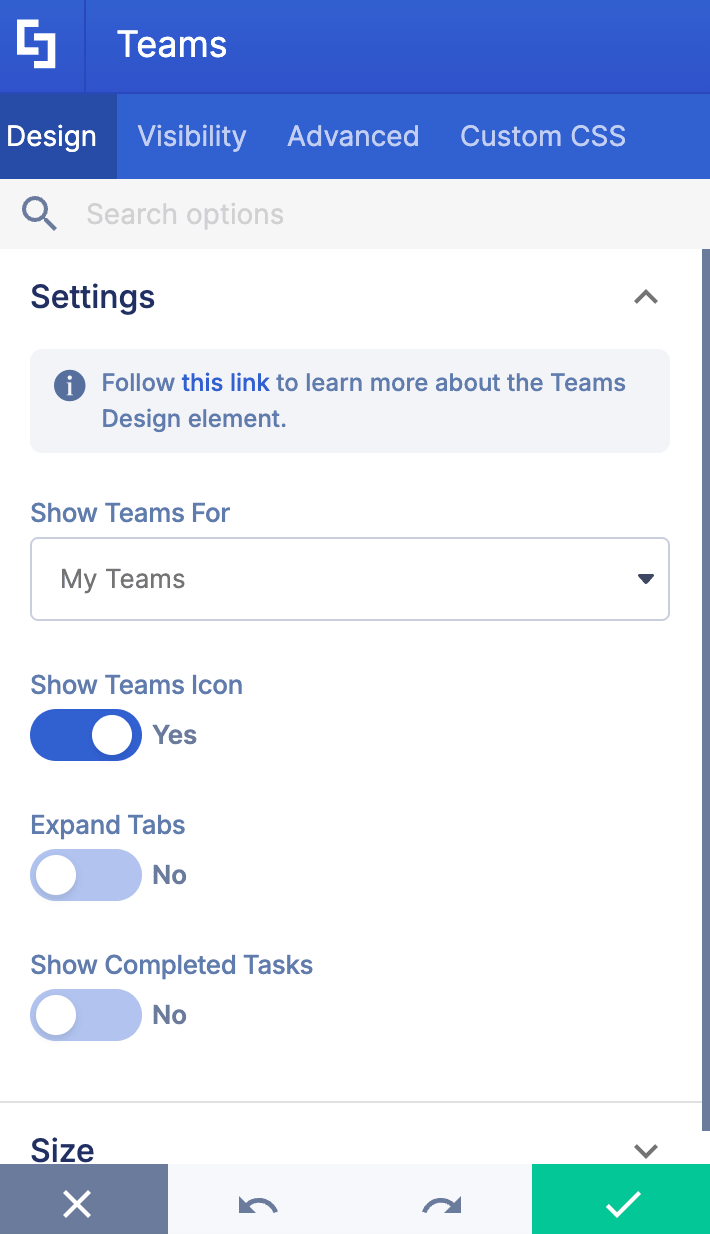 Microsoft Teams element settings for selecting channels and toggling display options