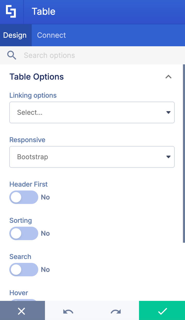 Table element settings showing responsive layout options and display toggles