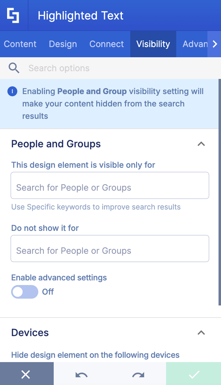 Visibility settings panel for restricting content display by people, groups, or devices