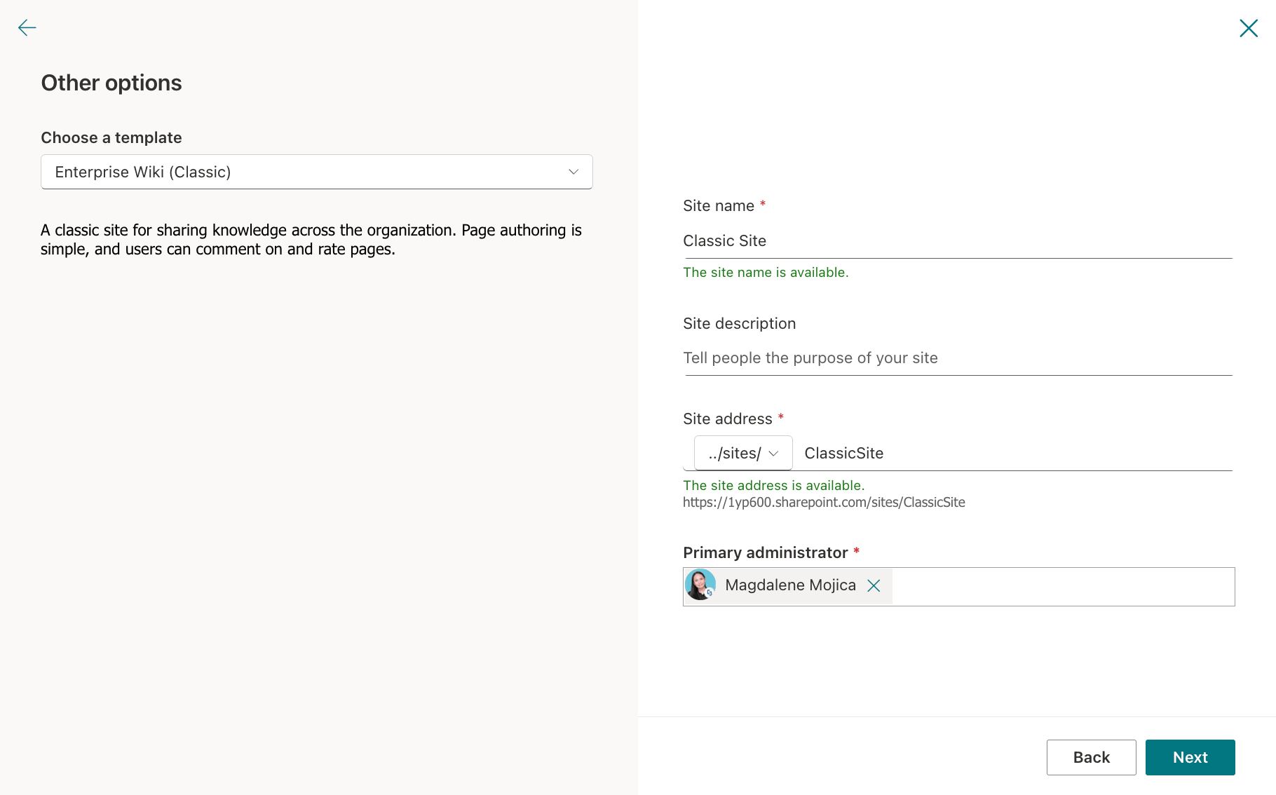 Classic Site Templates interface when creating a new SharePoint site