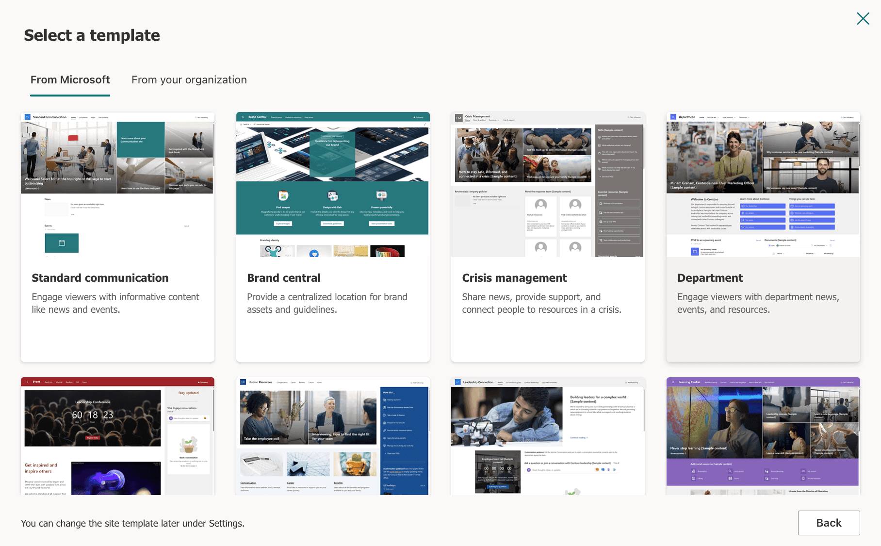 Modern site templates selection when creating a new SharePoint site