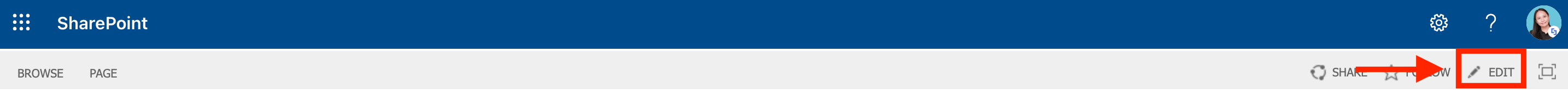 Clicking the Edit button in the top ribbon to modify a classic SharePoint page