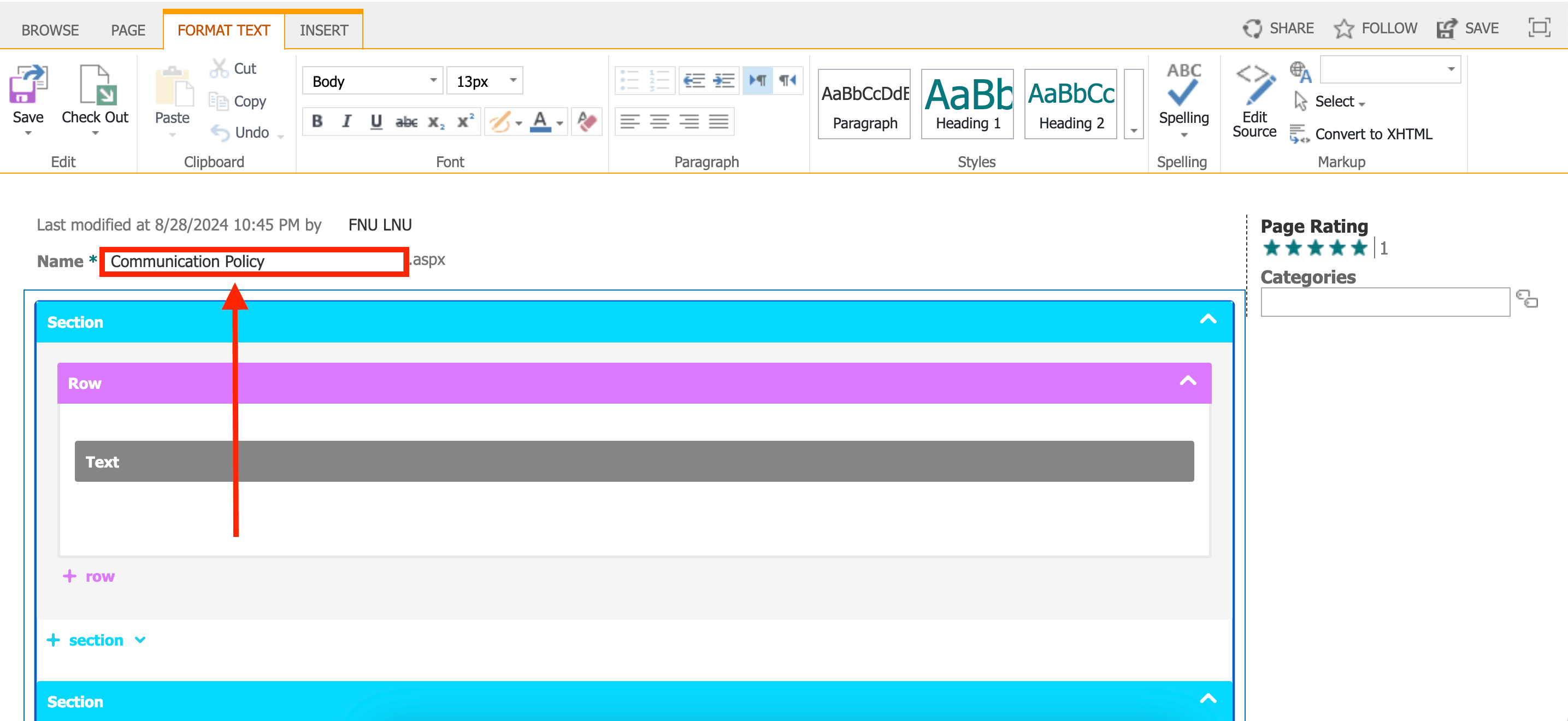 Page name field showing the original page name prior to renaming