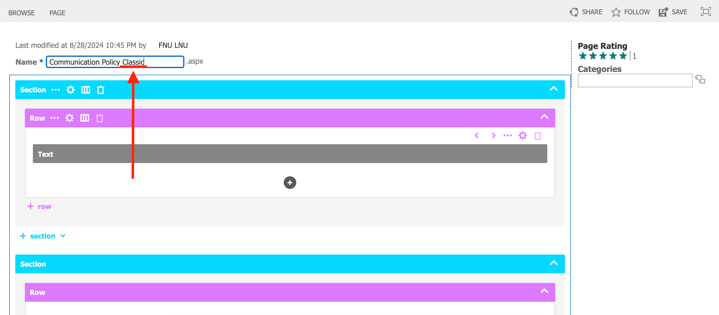 Renaming the classic page by adding Classic to the end of the page title field