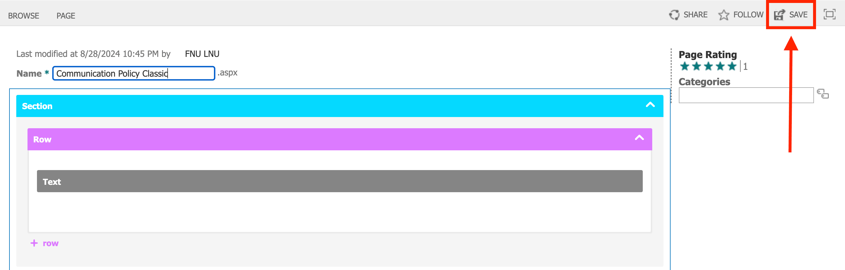 Clicking Save on the ribbon to save the renamed classic page