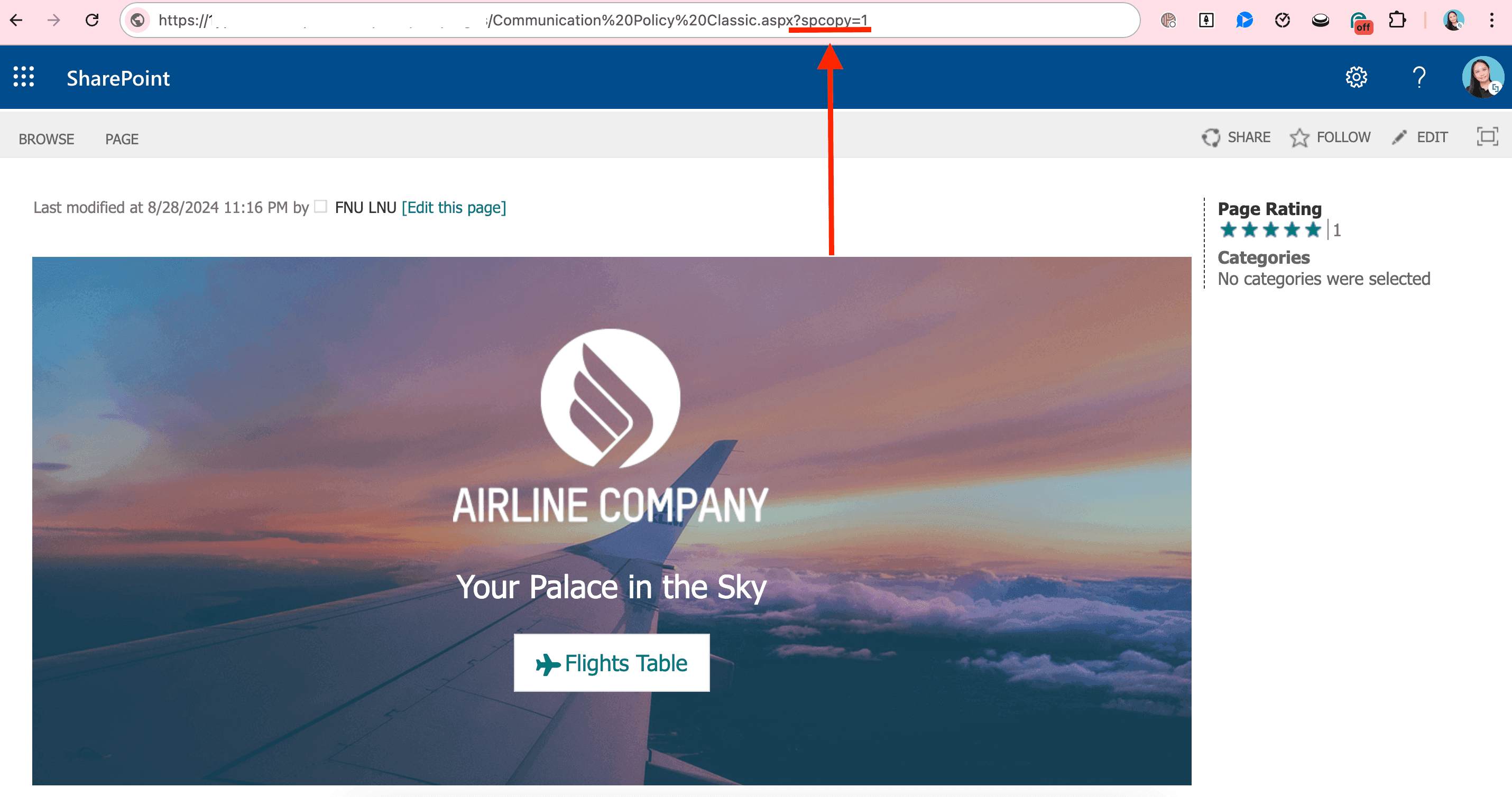 Adding the copy parameter to the end of the SharePoint page URL