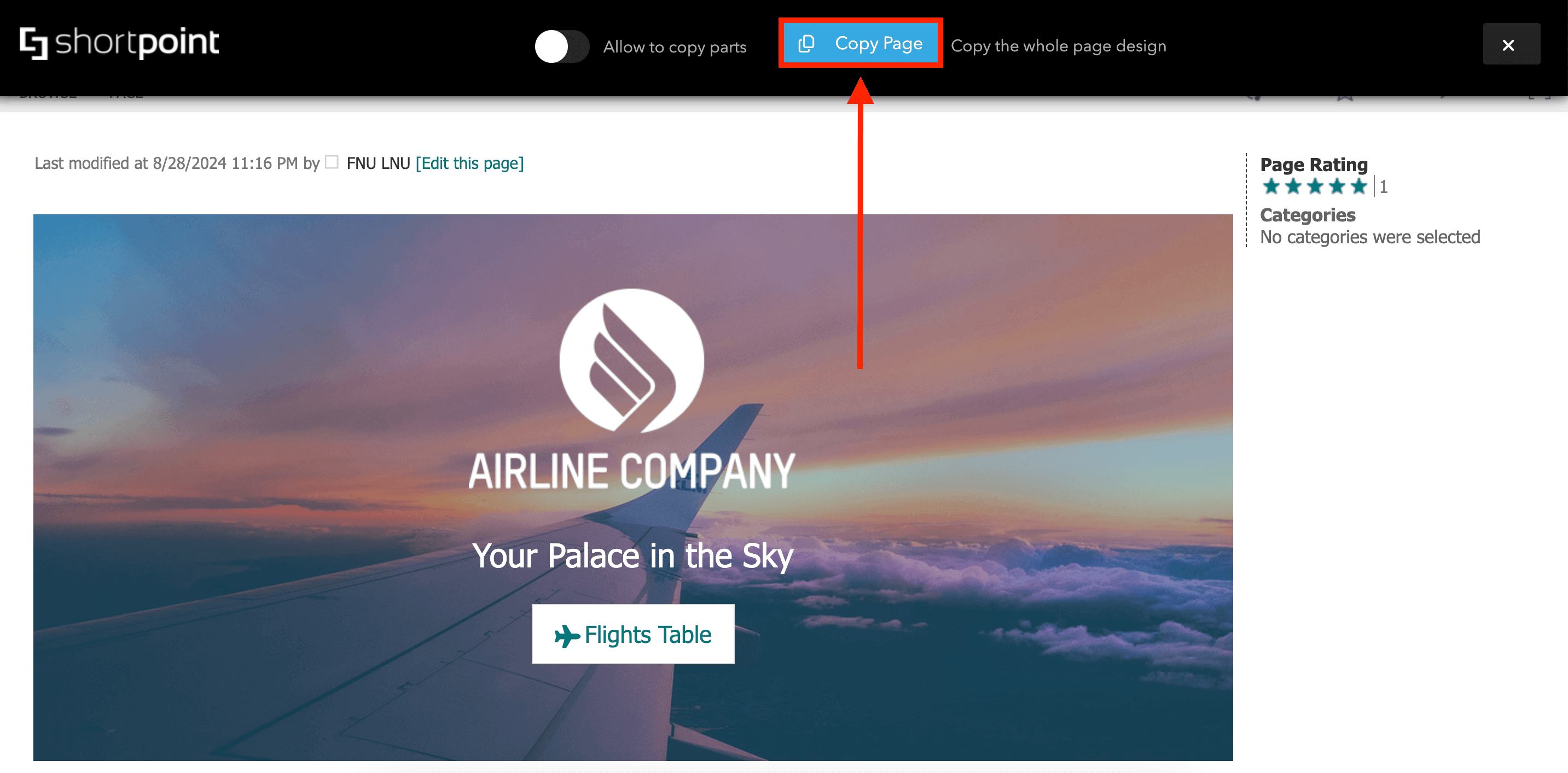 Clicking the Copy Page button in the ShortPoint top toolbar
