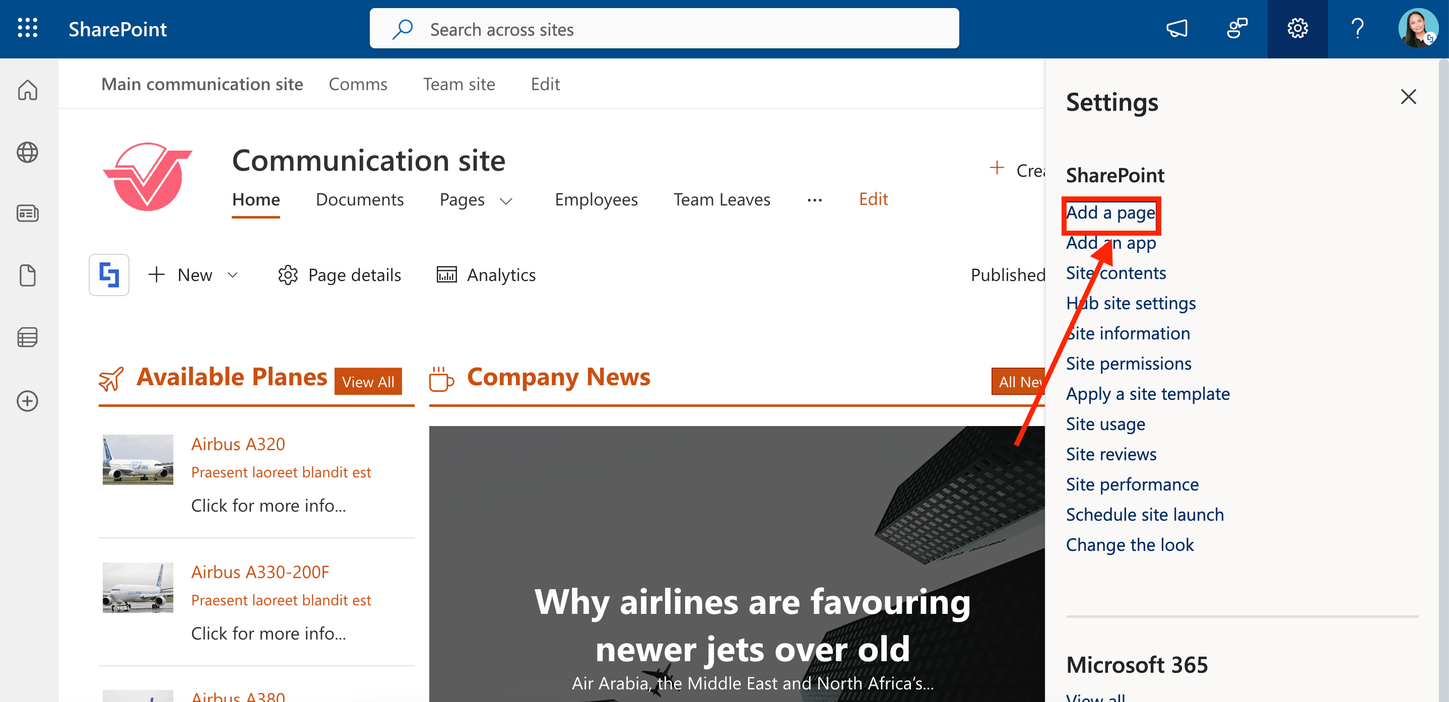 Selecting Add a page from the SharePoint Settings dropdown menu