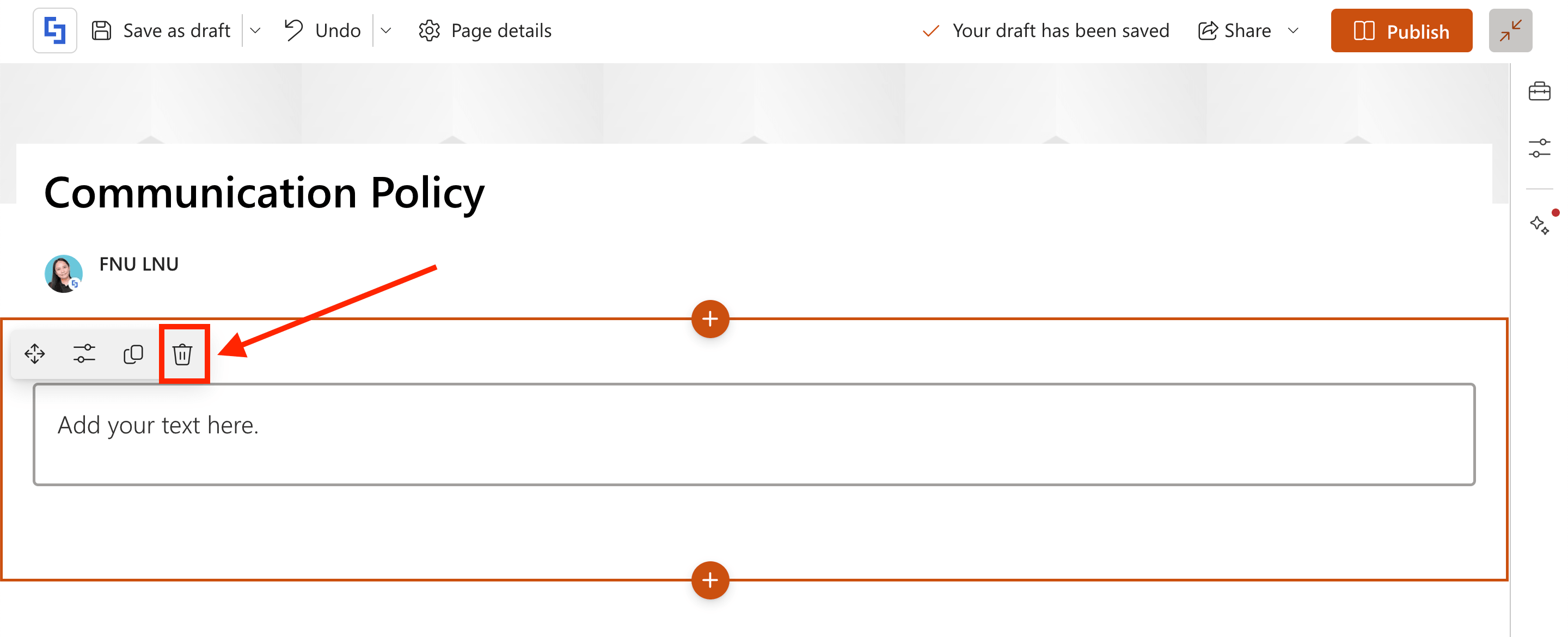 Deleting the default text section from the new modern page