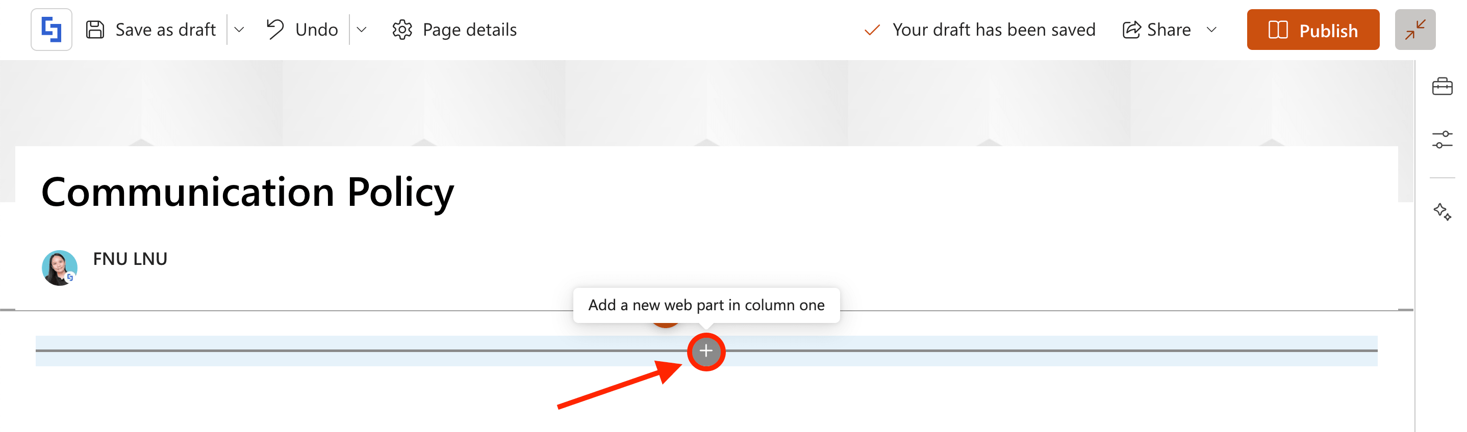 Clicking the plus icon to add a web part 