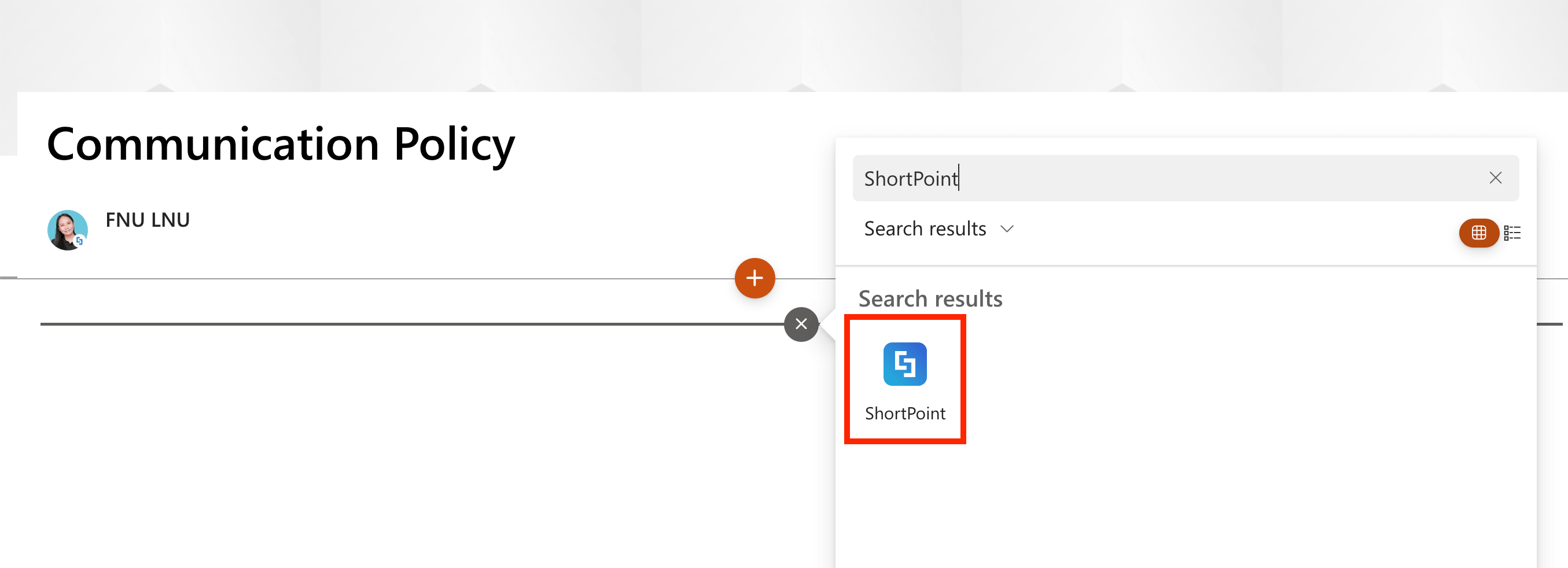 Searching for and selecting the ShortPoint web part in the menu