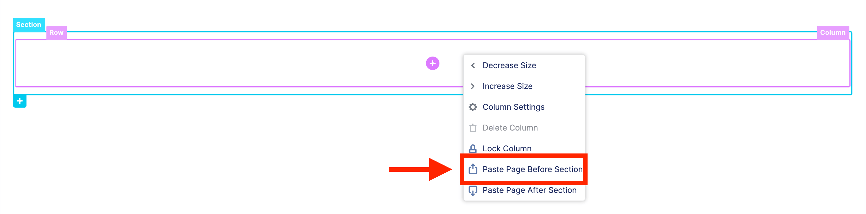Choosing Paste Page Before Section from the column context menu