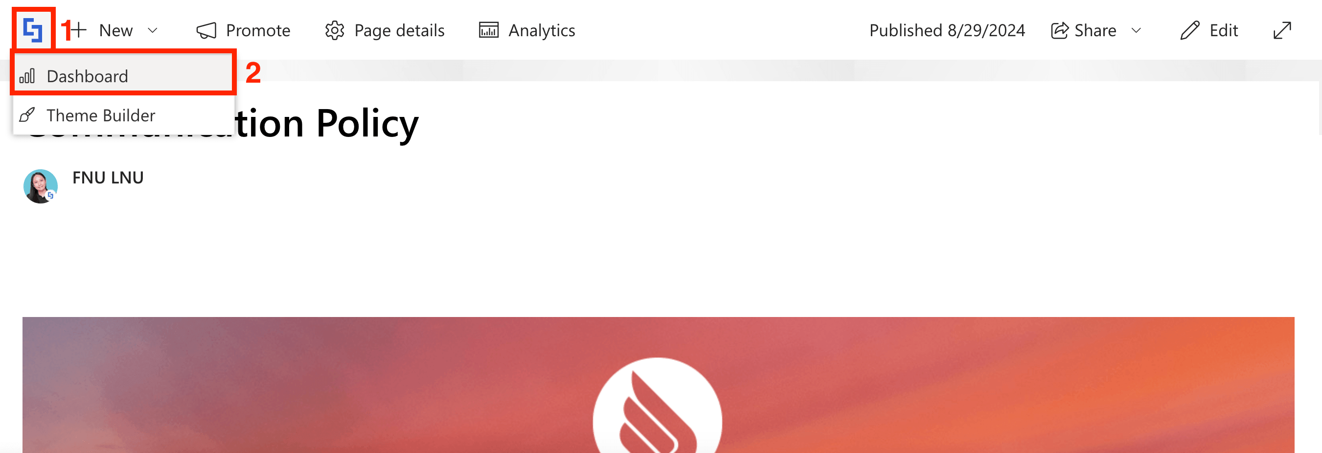 Opening the ShortPoint Dashboard from the top page menu
