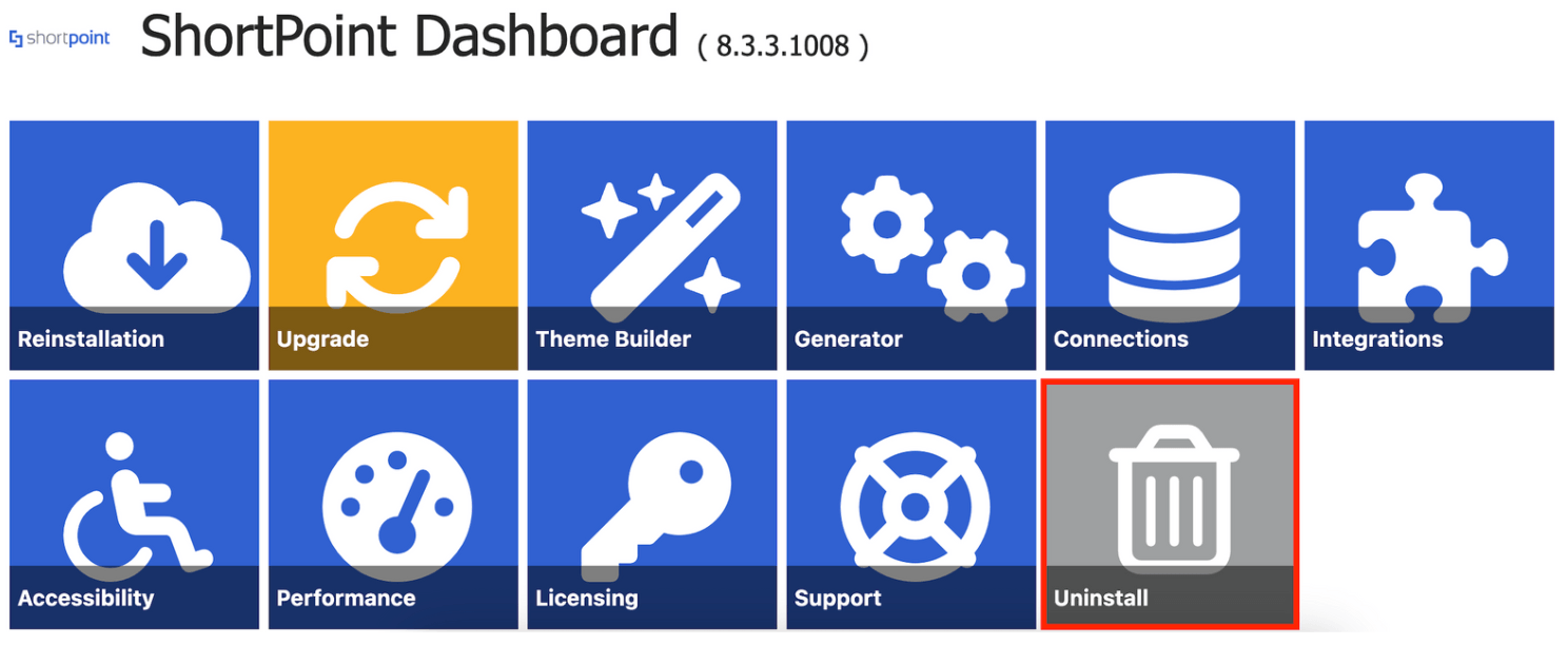Selecting the Uninstall tile from the ShortPoint Dashboard grid
