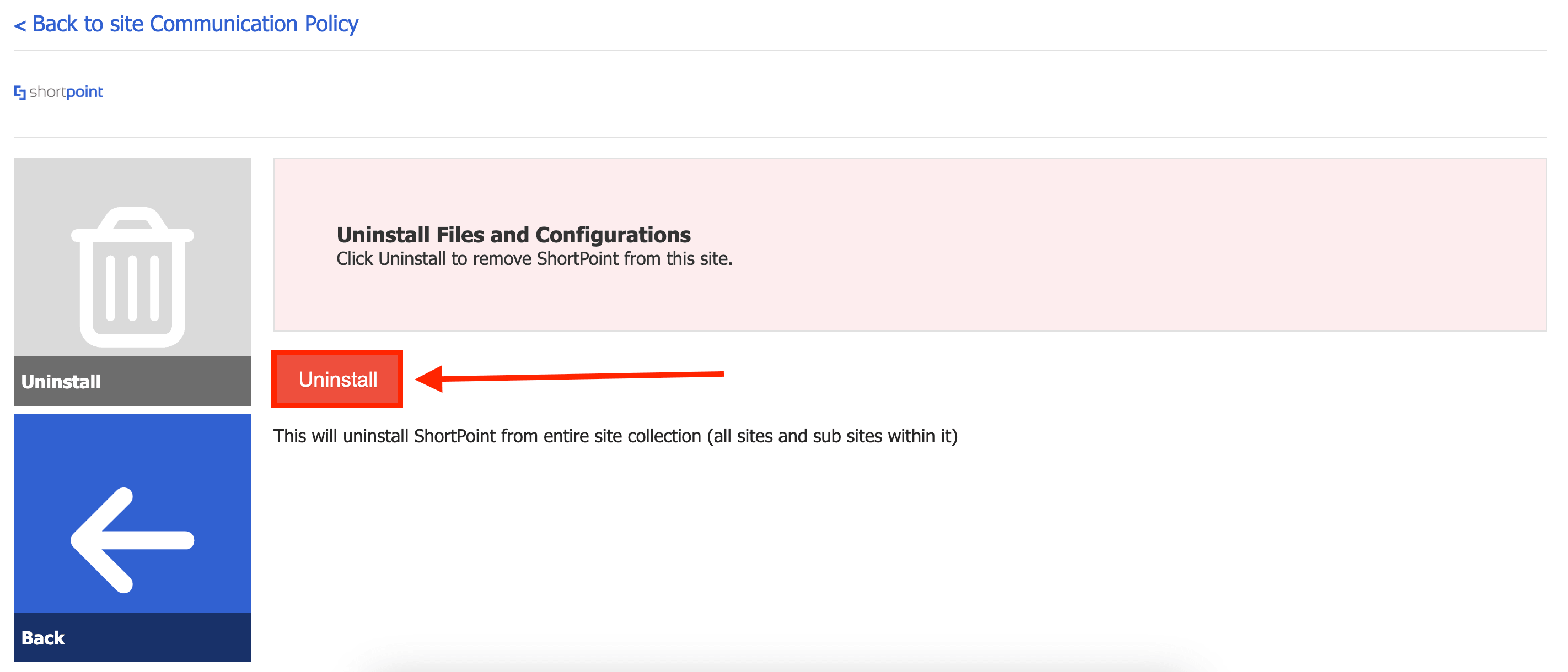 Clicking Uninstall to initiate removing files and configurations