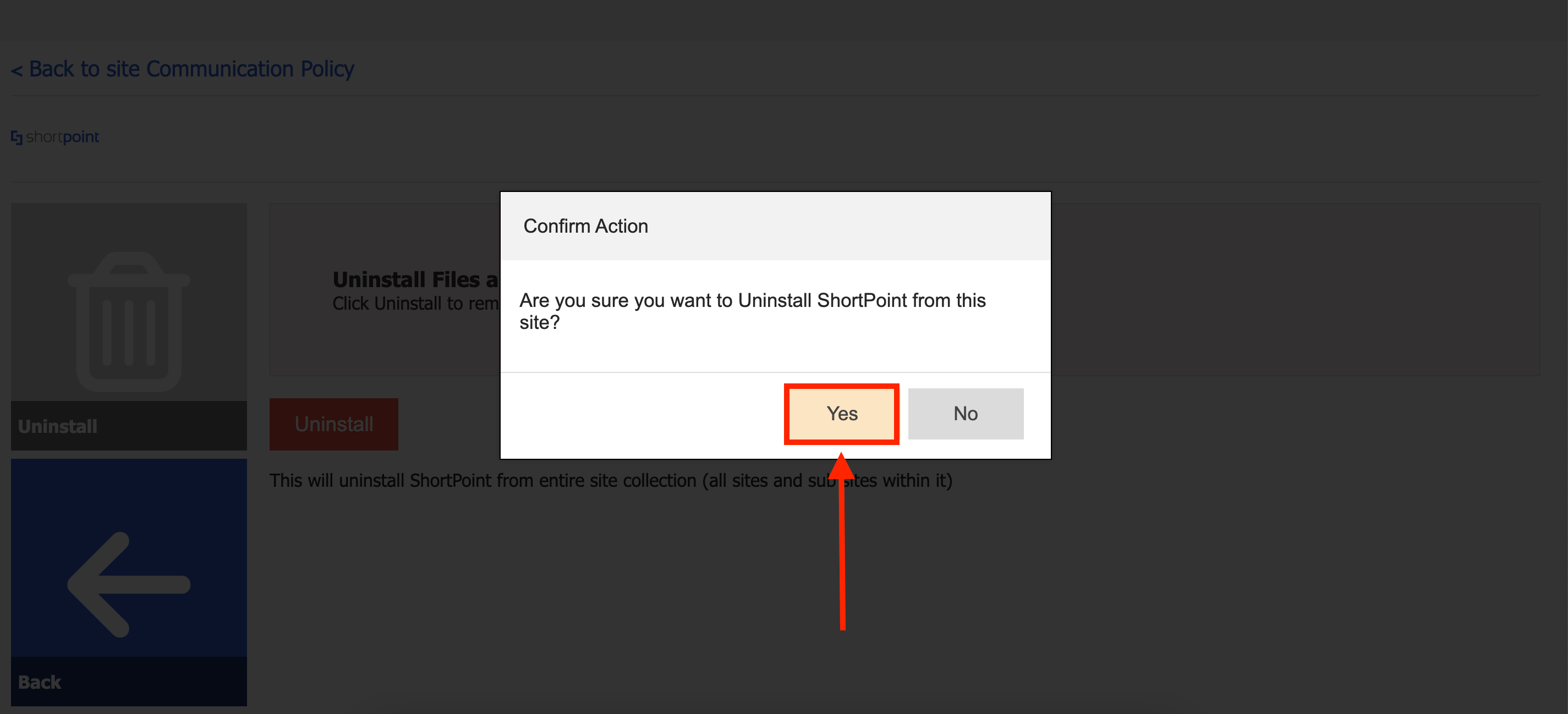 Confirming uninstall action by clicking Yes on the prompt