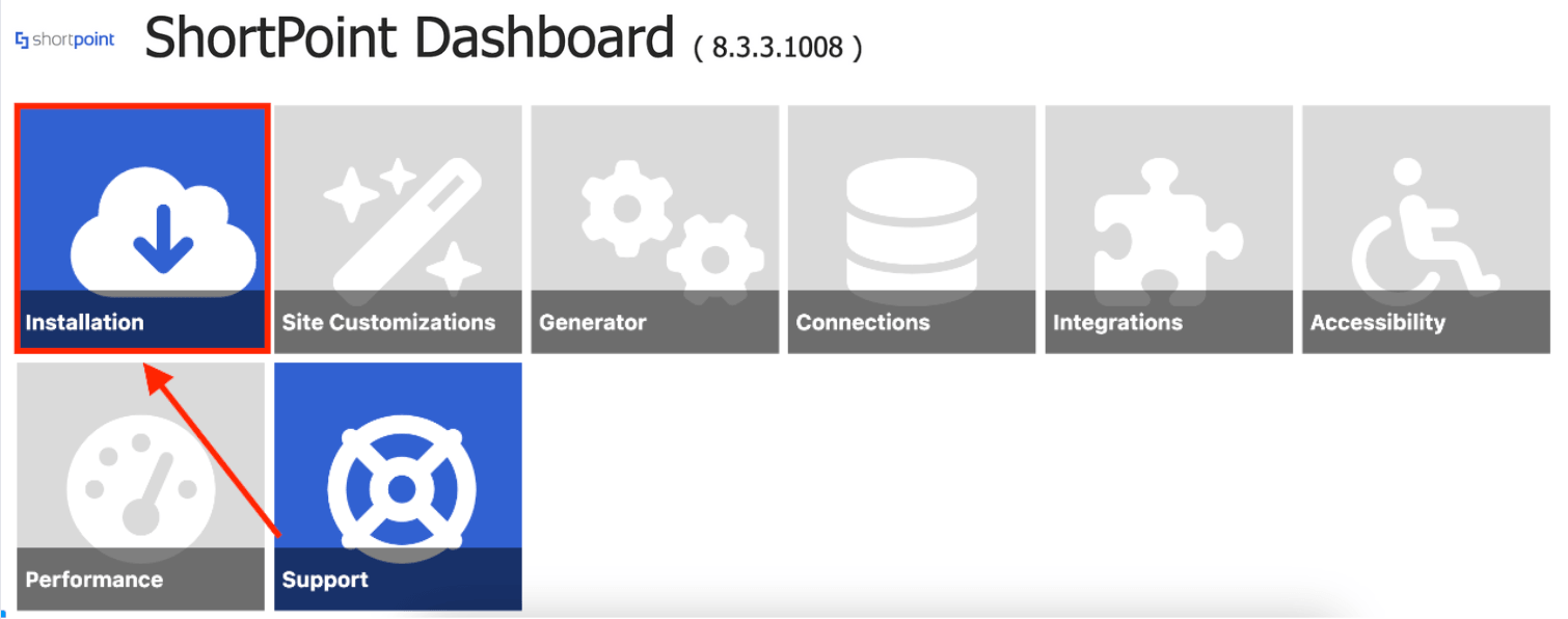 Selecting the Installation tile from the dashboard options