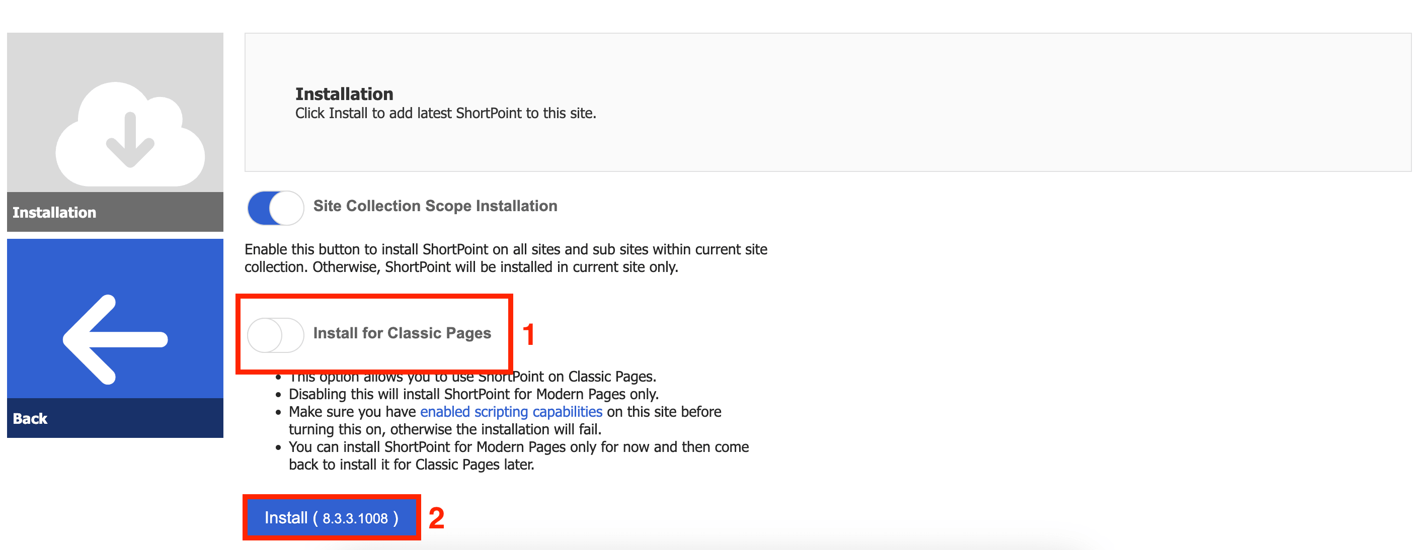 Disabling Classic Pages install before clicking the Install button