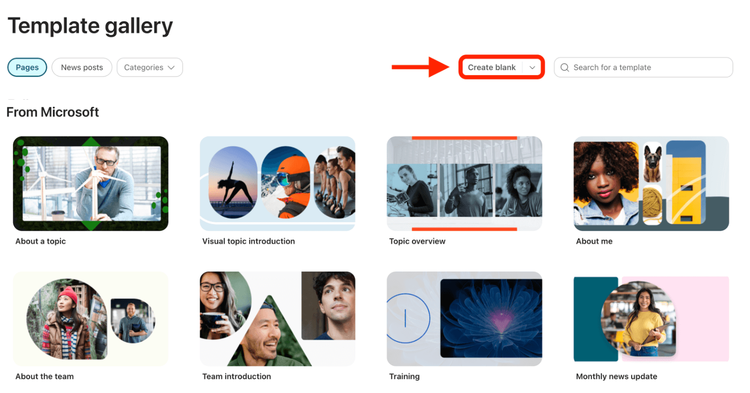 Selecting Create blank from the template gallery to start a new page