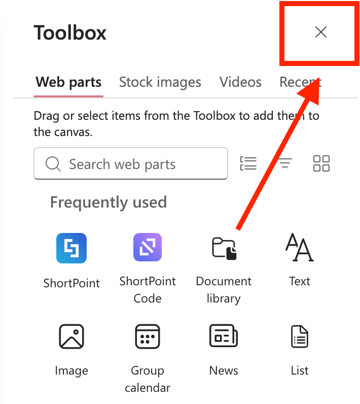 Closing the SharePoint Toolbox panel to access web part controls