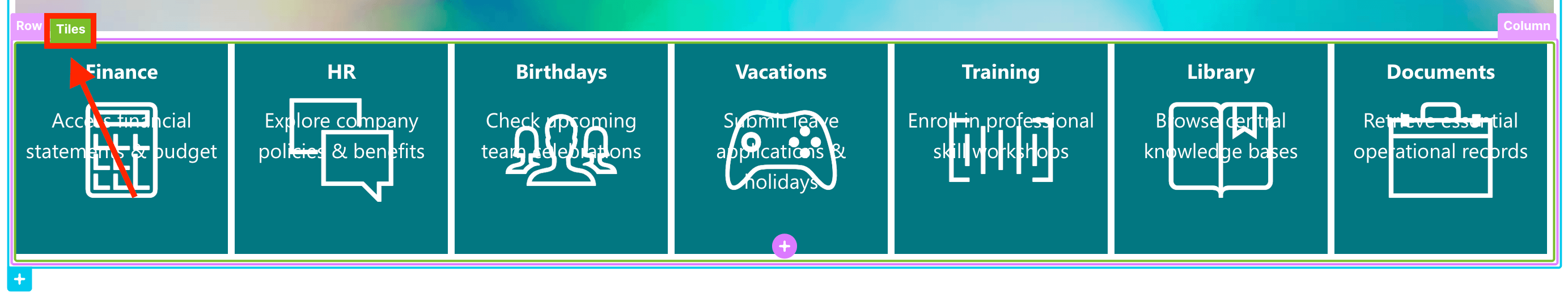 Selecting the Tiles Design Element EasyPass tag in Page Builder