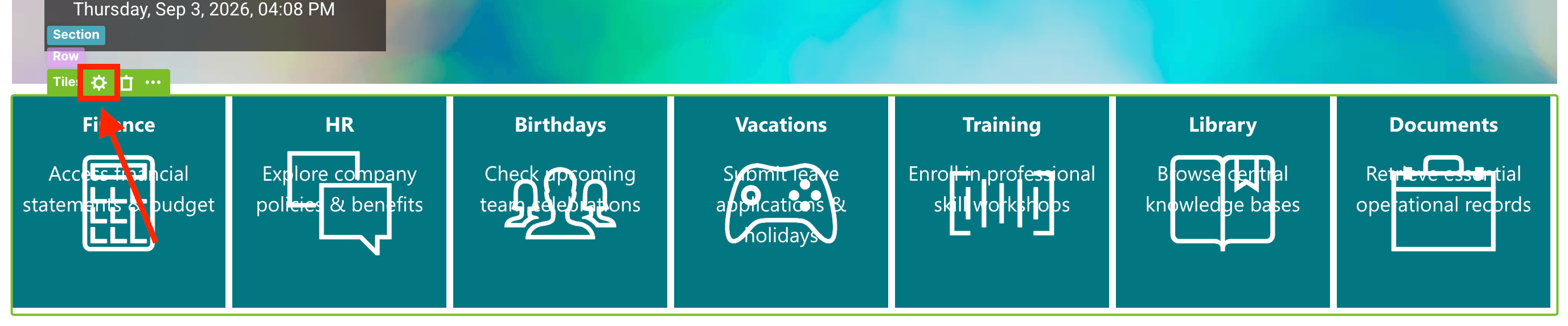 Clicking the cogwheel icon to open settings for the Tiles Design Element