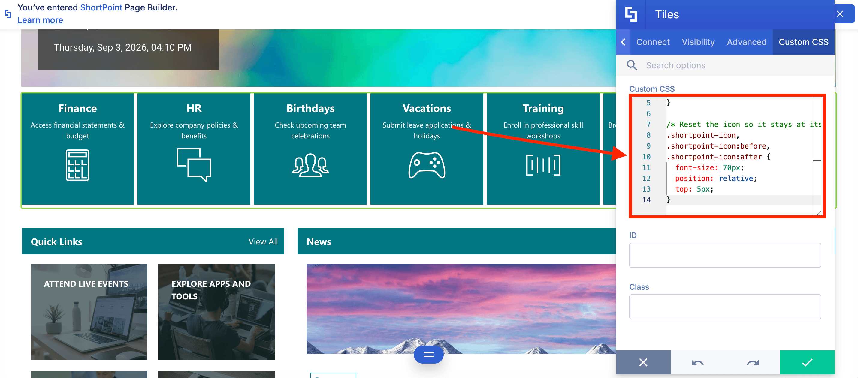 Pasting custom CSS into the field to resolve description and icon overlap