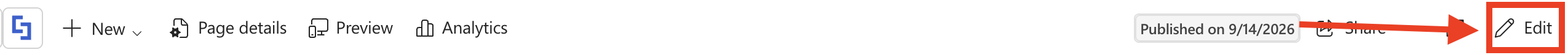 Red arrow pointing to the Edit button on a modern SharePoint page
