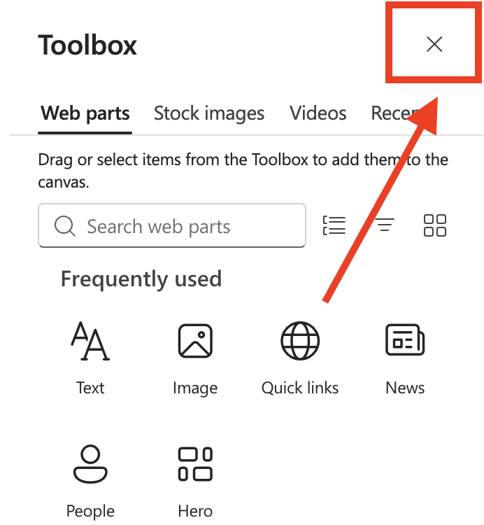 Close icon highlighted in the SharePoint web part Toolbox panel