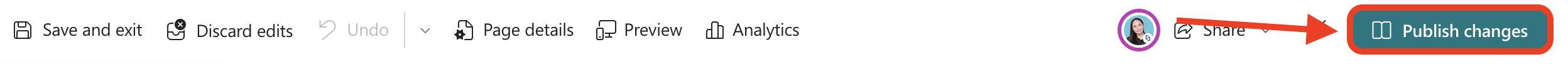 Publish changes button highlighted on the SharePoint top navigation bar
