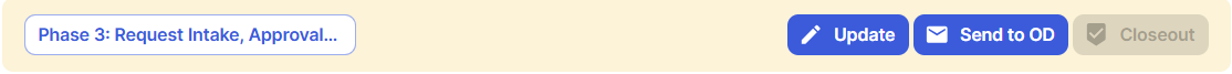 Phase bar showing Phase 3 with Update, Send to OD and Closeout buttons