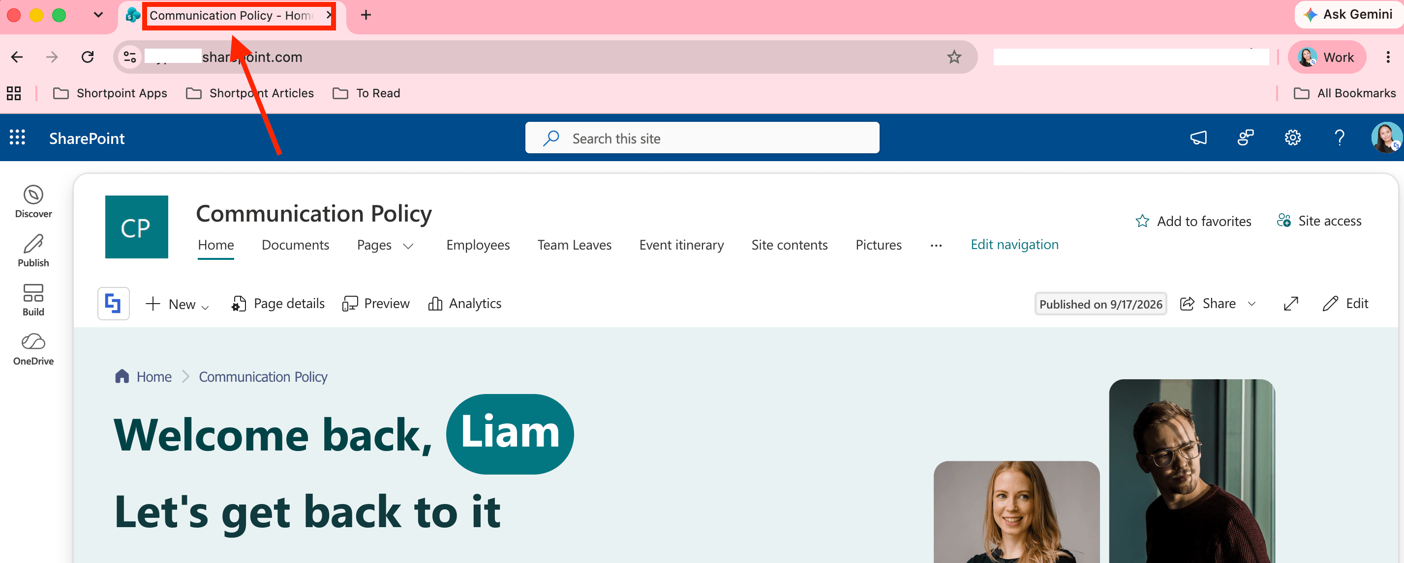 Browser tab displaying the default SharePoint site title before modification