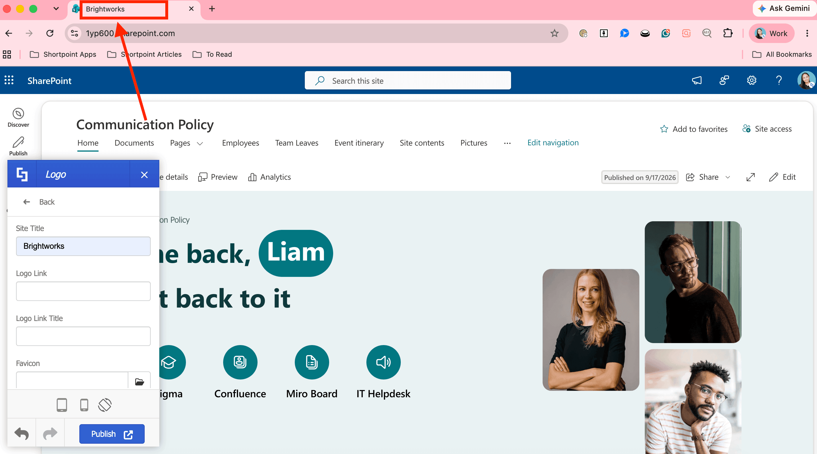 Previewing a modified site title in the browser tab using ShortPoint Theme Builder