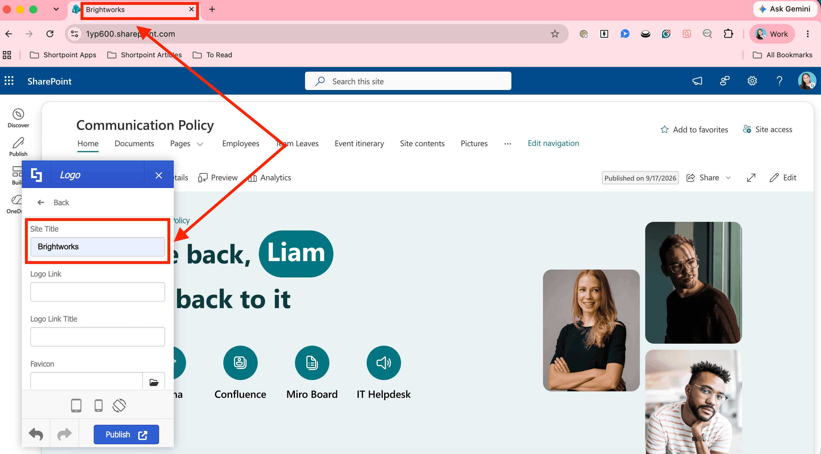 Site Title field location inside Theme Builder mapped to the browser tab